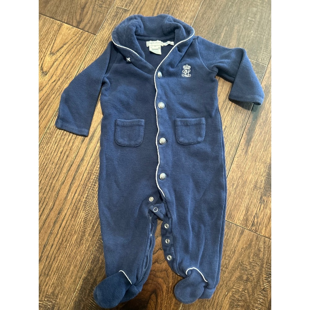 Vintage Ralph Lauren Baby Boy Navy Blue shawl collar coveralls Pima cotton 6M